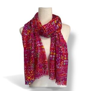 Magenta Pink Geometric Color Block Abstract Floral Oblong Scarf Lightweight